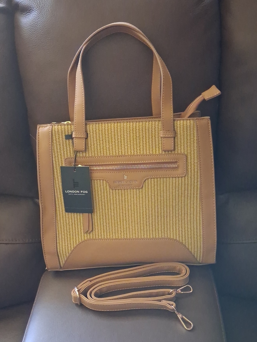 London Fog Tan and Yellow Woven Shoulder Bag
